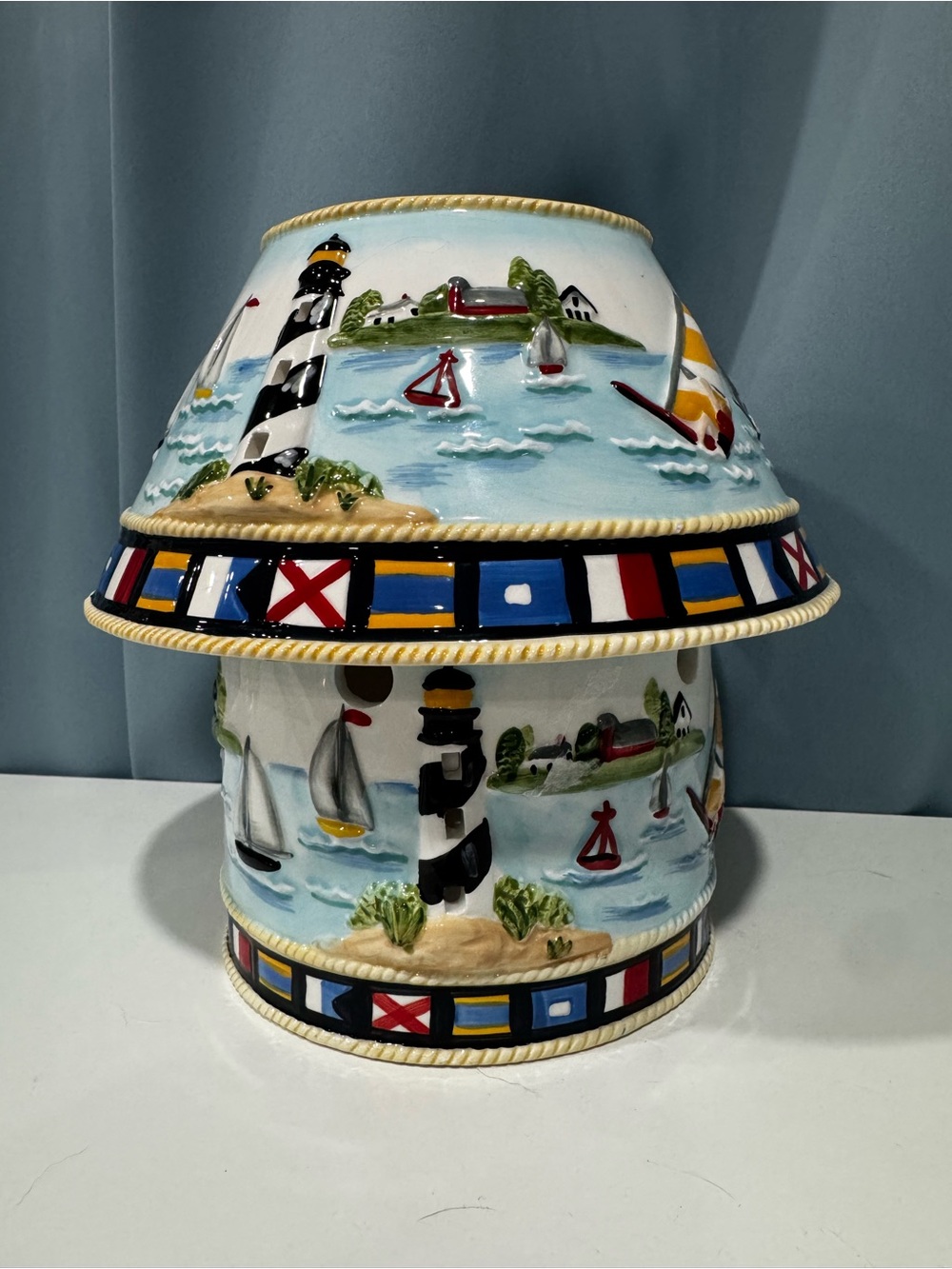 Vintage Hand Painted Ceramic Lighthouse Candle Holder Mantle Decor Nautical
